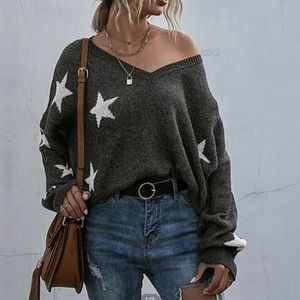 V neck, off the shoulder, distressed star sweater